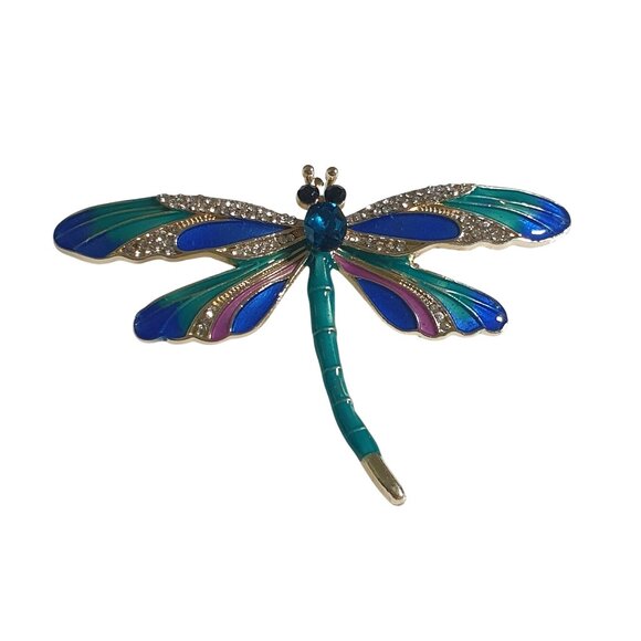 Colorful Dragonfly Brooch Rhinestone Accents Enamel Wings Multicolor Insect Gift - Picture 1 of 4